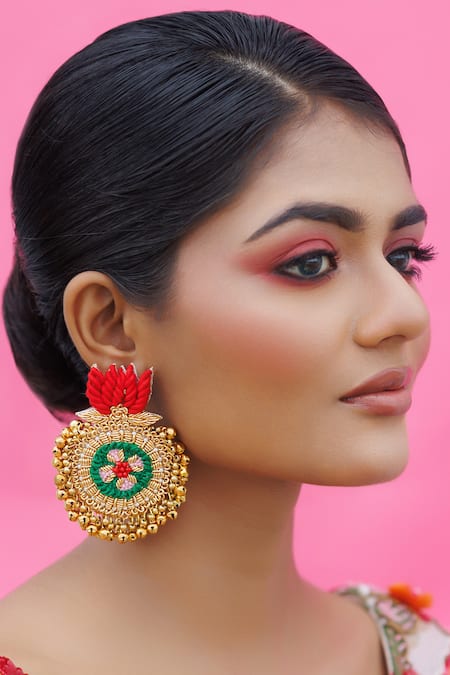 Kanyaadhan By Dhirajaayushi Lotus Dabka Embroidered Dangler Earrings 