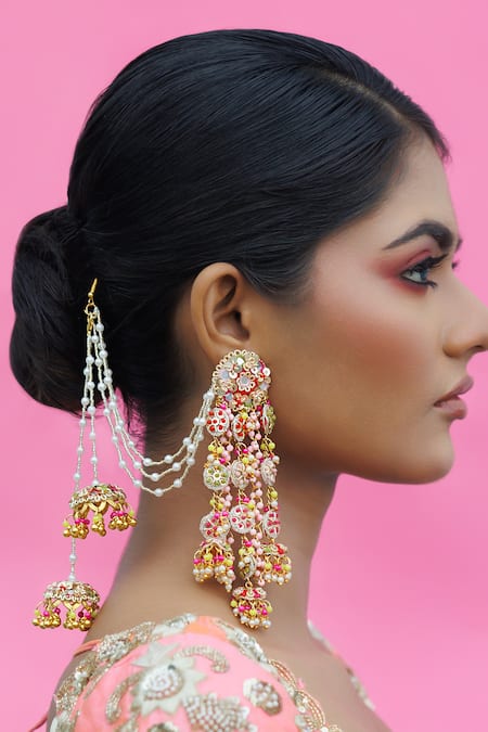 Kanyaadhan By DhirajAayushi Pink Thread Rang Barse Hand Embroidered Latkan Dangler Earrings