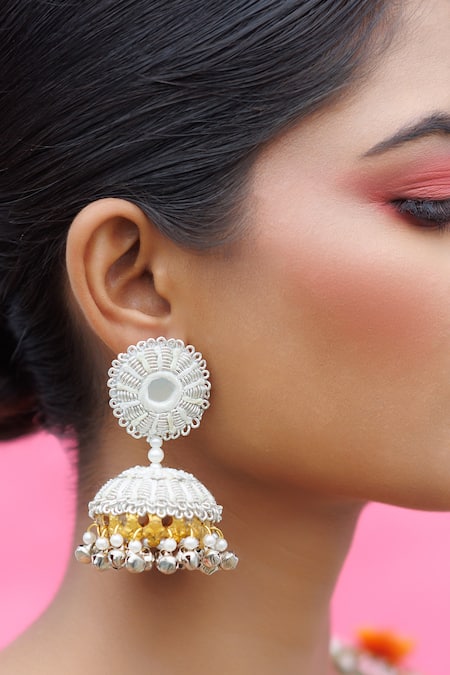 Kanyaadhan By DhirajAayushi White Thread Hand Embroidered Jhumkas 