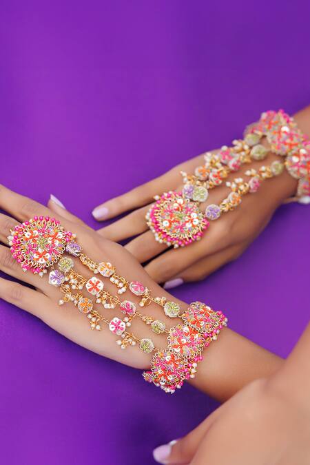 Kanyaadhan By Dhirajaayushi Purple Imitation Diamonds Rang Bahari Dabka Embroidered Haathphool - Set Of 2 Online at Aza Fashions Kanyaadhan By Dhirajaayushi_Purple Imitation Diamonds Rang Bahari Dabka Embroidered Haathphool - Set Of 2 _Online_at_Aza_Fashions