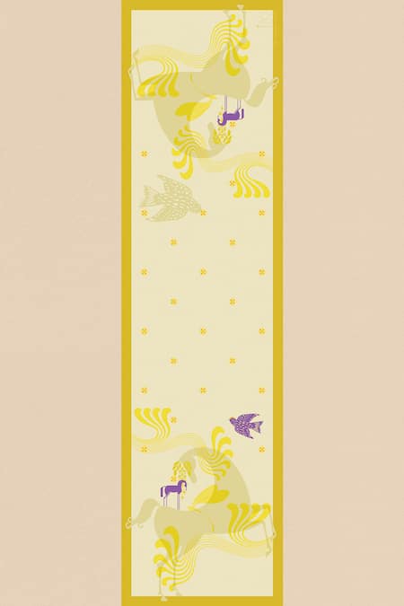 Shop Thee Modern Roots Yellow Unicorns Whispering Mane Silk Printed Stole at Aza Fashions Shop_Thee Modern Roots_Yellow Unicorns Whispering Mane Silk Printed Stole _at_Aza_Fashions