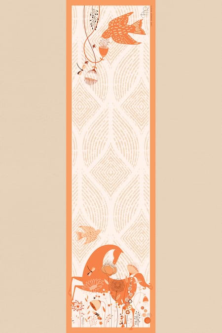 Shop Thee Modern Roots Peach The Dragon Ladys Dance Silk Printed Stole at Aza Fashions Shop_Thee Modern Roots_Peach The Dragon Ladys Dance Silk Printed Stole _at_Aza_Fashions