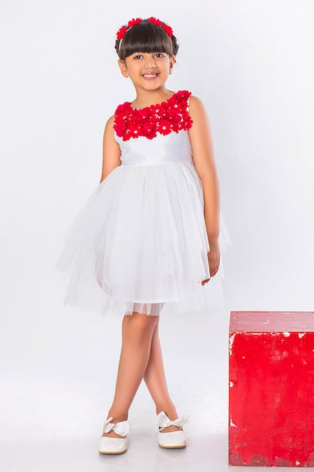 A Little Fable White Net, Taffeta Fabric Flowers Rose Corsage Embellished Tulle Dress 