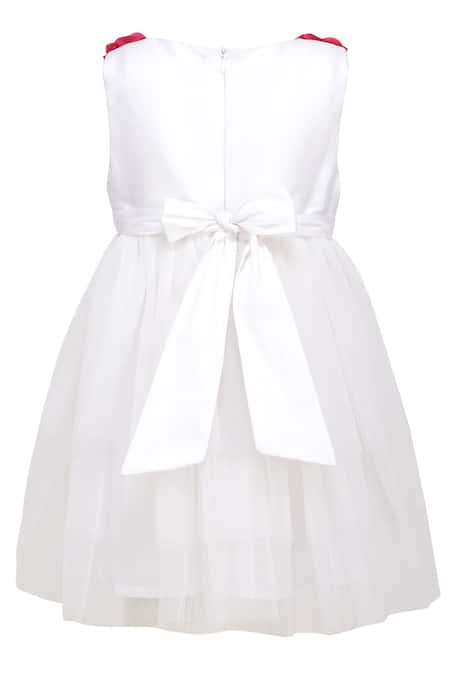 Shop_A Little Fable_White Net, Taffeta Fabric Flowers Rose Corsage Embellished Tulle Dress _at_Aza_Fashions