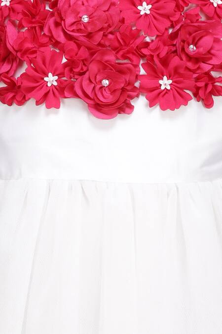 Buy_A Little Fable_White Net, Taffeta Fabric Flowers Rose Corsage Embellished Tulle Dress _Online_at_Aza_Fashions