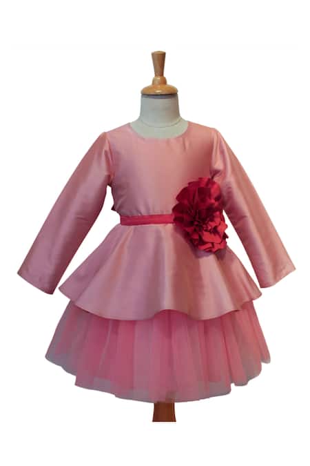 A Little Fable Peach Net, Taffeta Fabric Flowers Winsome Bloom Embellished Layered Tulle Dress 