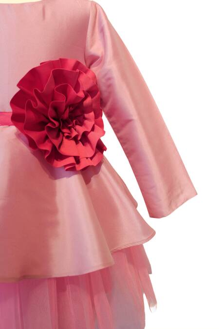 A Little Fable Peach Net, Taffeta Fabric Flowers Winsome Bloom Embellished Layered Tulle Dress Online at Aza Fashions A Little Fable_Peach Net, Taffeta Fabric Flowers Winsome Bloom Embellished Layered Tulle Dress _Online_at_Aza_Fashions