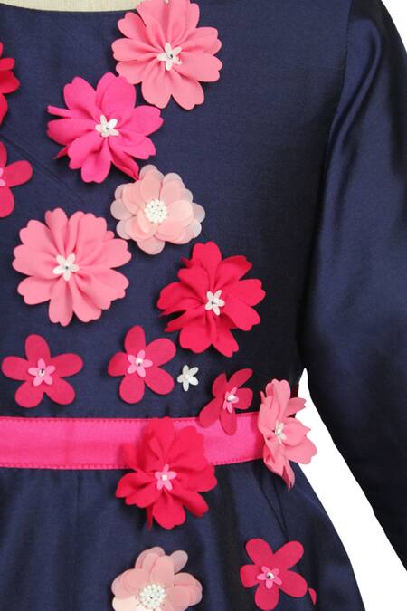 A Little Fable_Blue Taffeta Fabric Flowers 3d Pansy Bloom Applique Dress _Online_at_Aza_Fashions
