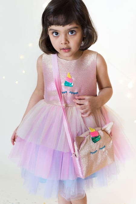 A Little Fable Pink Net, Lurex Sequins Shimmery Unicorn Tiered Dress 