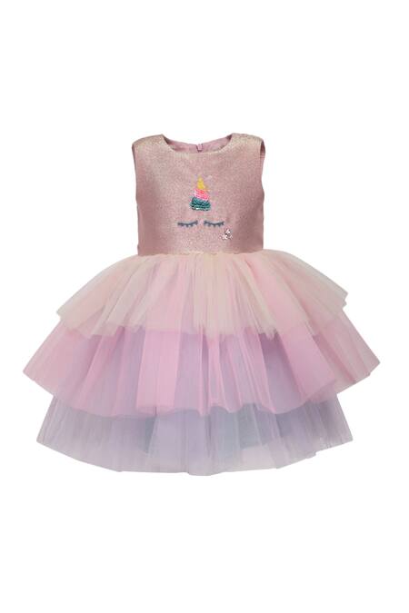 A Little Fable_Pink Net, Lurex Sequins Shimmery Unicorn Tiered Dress _Online_at_Aza_Fashions