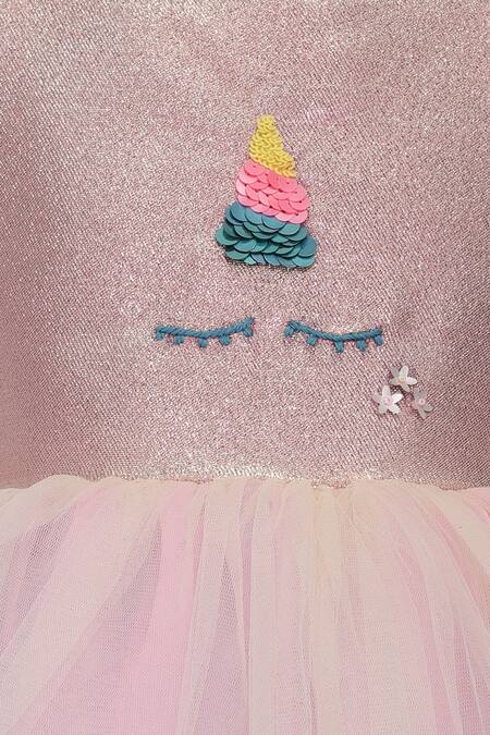 Buy_A Little Fable_Pink Net, Lurex Sequins Shimmery Unicorn Tiered Dress _Online_at_Aza_Fashions