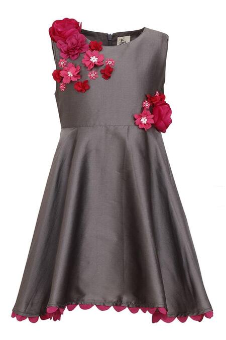 A Little Fable Grey Taffeta Embroidery, Applique 3d Rosa Bloom Dress Online at Aza Fashions A Little Fable_Grey Taffeta Embroidery, Applique 3d Rosa Bloom Dress _Online_at_Aza_Fashions