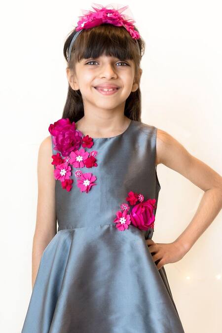 Shop A Little Fable Grey Taffeta Embroidery, Applique 3d Rosa Bloom Dress Online at Aza Fashions Shop_A Little Fable_Grey Taffeta Embroidery, Applique 3d Rosa Bloom Dress _Online_at_Aza_Fashions