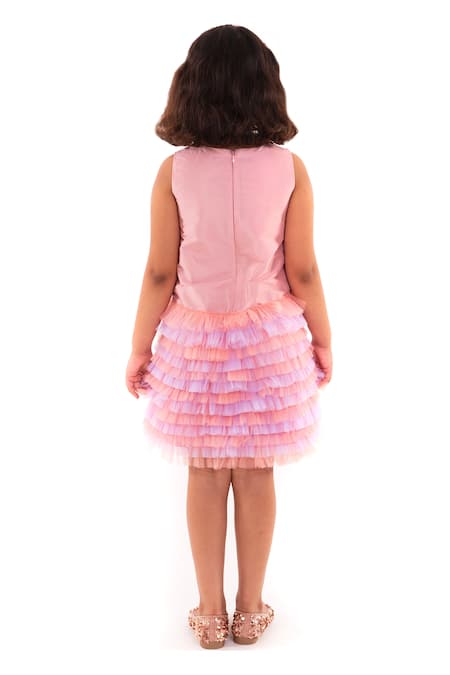 Shop A Little Fable Peach Tulle, Polyester Sequins, Fabric Flowers Embellished Mermaid Ruffle Dress at Aza Fashions Shop_A Little Fable_Peach Tulle, Polyester Sequins, Fabric Flowers Embellished Mermaid Ruffle Dress _at_Aza_Fashions