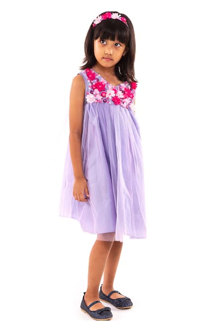 A Little Fable Purple Tulle, Polyester Applique 3d Periwinkle Breeze Dress 
