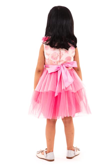 Shop A Little Fable Pink Tulle, Polyester Fabric Flowers Esther Blossom Applique Layered Dress at Aza Fashions Shop_A Little Fable_Pink Tulle, Polyester Fabric Flowers Esther Blossom Applique Layered Dress _at_Aza_Fashions