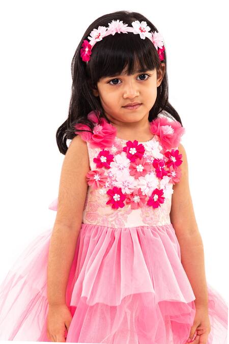 A Little Fable Pink Tulle, Polyester Fabric Flowers Esther Blossom Applique Layered Dress Online at Aza Fashions A Little Fable_Pink Tulle, Polyester Fabric Flowers Esther Blossom Applique Layered Dress _Online_at_Aza_Fashions