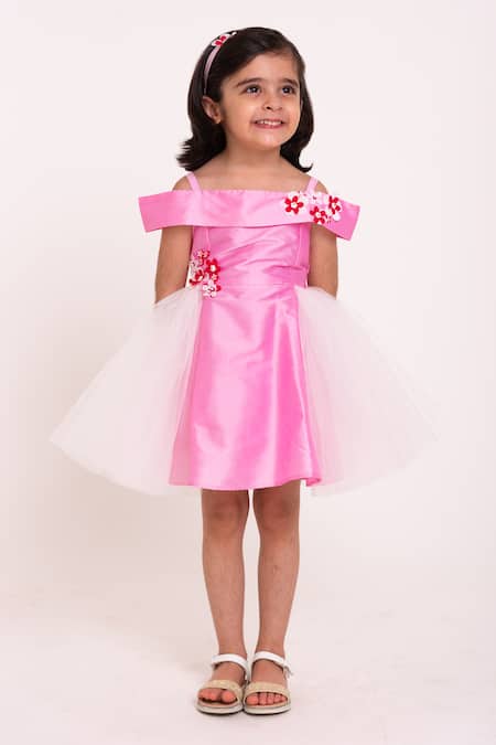 A Little Fable Pink Net, Taffeta Applique Floral Cold Shoulder Dress 
