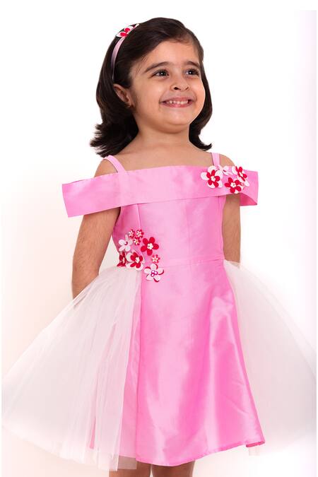 A Little Fable Pink Net, Taffeta Applique Floral Cold Shoulder Dress Online at Aza Fashions A Little Fable_Pink Net, Taffeta Applique Floral Cold Shoulder Dress _Online_at_Aza_Fashions