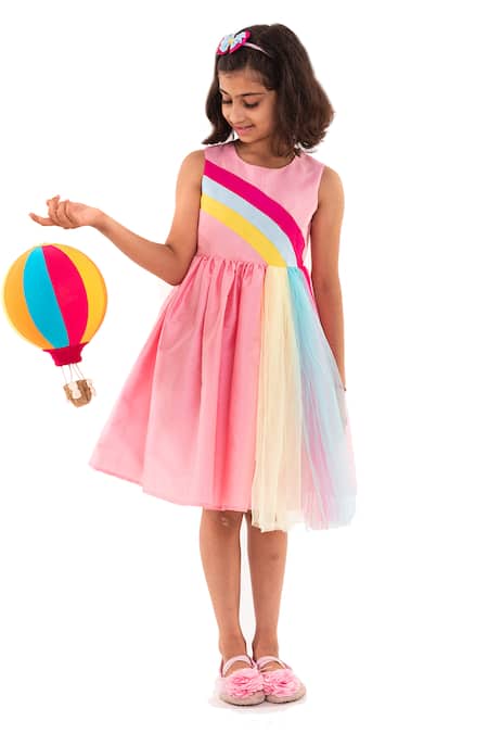 A Little Fable Pink Taffeta Embroidery Rainbow Fun Flared Dress 