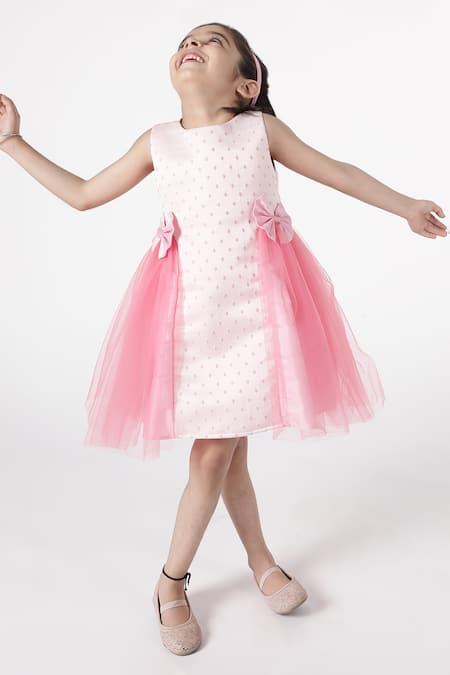 A Little Fable Pink Polyester, Cotton Bows Dot Deep Bloom Dress 