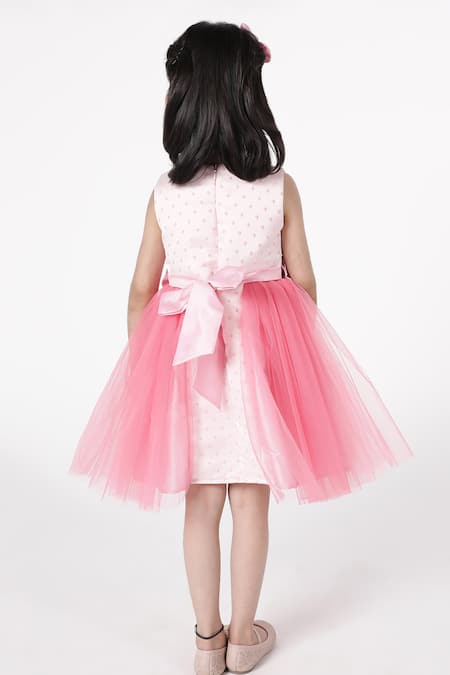 Shop A Little Fable Pink Polyester, Cotton Bows Dot Deep Bloom Dress at Aza Fashions Shop_A Little Fable_Pink Polyester, Cotton Bows Dot Deep Bloom Dress _at_Aza_Fashions