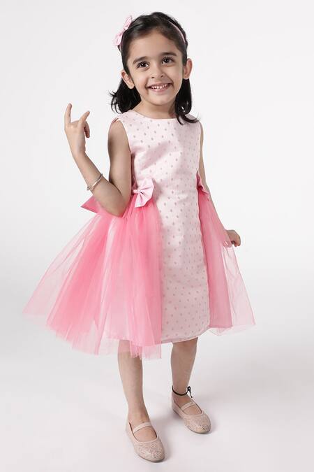 A Little Fable Pink Polyester, Cotton Bows Dot Deep Bloom Dress Online at Aza Fashions A Little Fable_Pink Polyester, Cotton Bows Dot Deep Bloom Dress _Online_at_Aza_Fashions