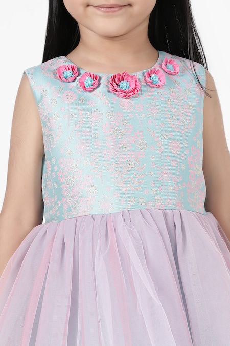 A Little Fable_Blue Polyester, Cotton Embroidery Summer Shrub Floral Pattern Dress _Online_at_Aza_Fashions