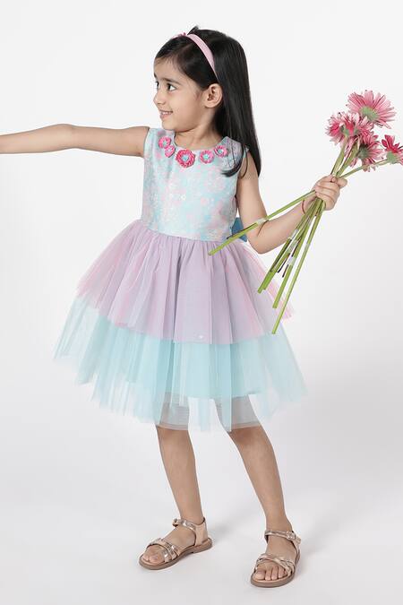 Buy_A Little Fable_Blue Polyester, Cotton Embroidery Summer Shrub Floral Pattern Dress _Online_at_Aza_Fashions