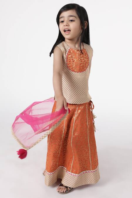 A Little Fable_Orange Polyester Embroidery, Tassels Mandawa Floral Brocade Pattern Lehenga Set _Online_at_Aza_Fashions
