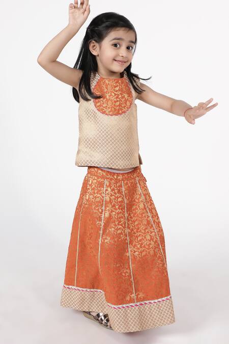 Shop_A Little Fable_Orange Polyester Embroidery, Tassels Mandawa Floral Brocade Pattern Lehenga Set _Online_at_Aza_Fashions