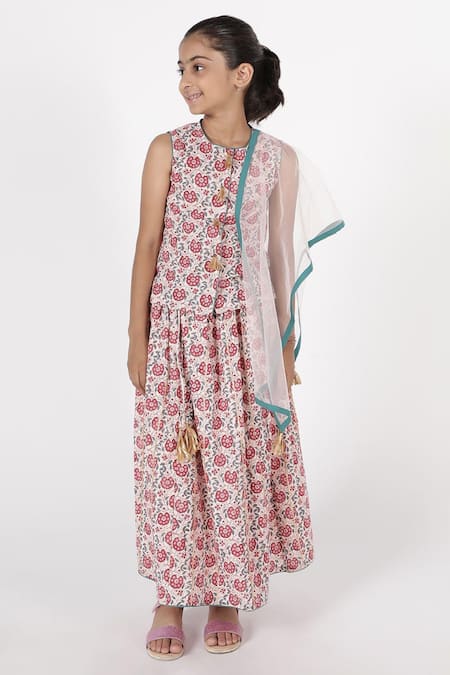 A Little Fable Multi Color Cotton Tassels Samode Hand Block Print Lehenga Set 