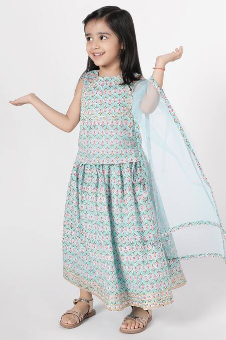 A Little Fable_Blue Cotton Embroidery Aprajita Block Print Lehenga Set _Online_at_Aza_Fashions