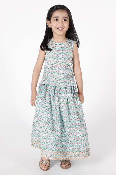 Buy_A Little Fable_Blue Cotton Embroidery Aprajita Block Print Lehenga Set _Online_at_Aza_Fashions