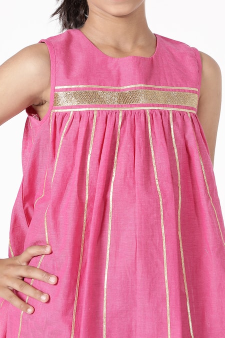 A Little Fable_Pink Cotton, Net Gota Patti, Embroidery Roop Kurta Pant Set _Online_at_Aza_Fashions