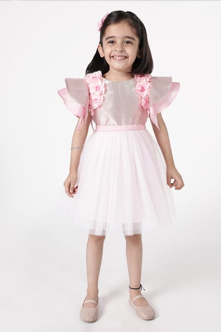 A Little Fable Pink Polyester, Cotton Fabric Flowers Glitter Finish Bodice Dress 