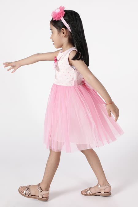 A Little Fable_Pink Polyester, Cotton Embroidery, Applique Unicorn Dress _Online_at_Aza_Fashions
