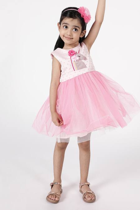 Buy_A Little Fable_Pink Polyester, Cotton Embroidery, Applique Unicorn Dress _Online_at_Aza_Fashions