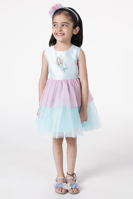 A Little Fable Blue Polyester, Cotton Embroidery Enchanted Mermaid Dress 