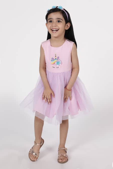 Shop_A Little Fable_Purple Polyester, Cotton Embroidery Unicorn Dress _Online_at_Aza_Fashions