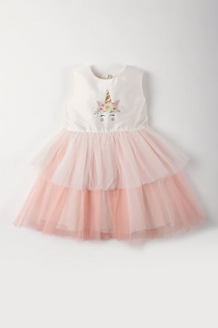 Shop_A Little Fable_Off White Cotton, Polyester, Tulle Stones Unicorn Print Bodice Dress _at_Aza_Fashions