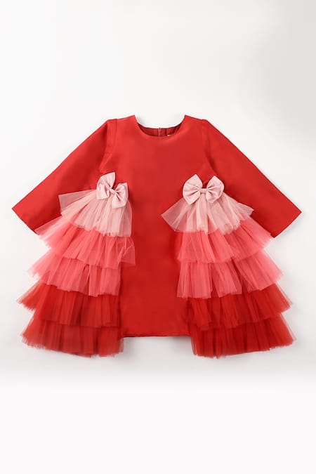 Shop A Little Fable Red Taffeta, Net, Cotton Bows Ombre Tulle Embellished Dress at Aza Fashions Shop_A Little Fable_Red Taffeta, Net, Cotton Bows Ombre Tulle Embellished Dress _at_Aza_Fashions