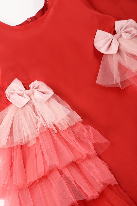 A Little Fable_Red Taffeta, Net, Cotton Bows Ombre Tulle Embellished Dress _Online_at_Aza_Fashions