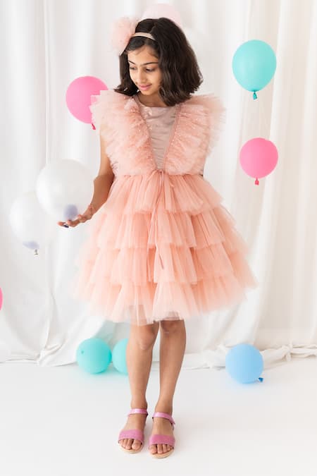 A Little Fable Peach Tulle, Cotton, Polyester Sequins Regalia Ruffle Layered Dress 