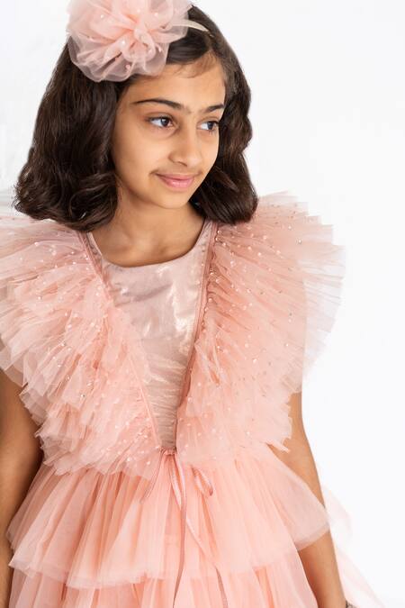 Buy_A Little Fable_Peach Tulle, Cotton, Polyester Sequins Regalia Ruffle Layered Dress _Online_at_Aza_Fashions