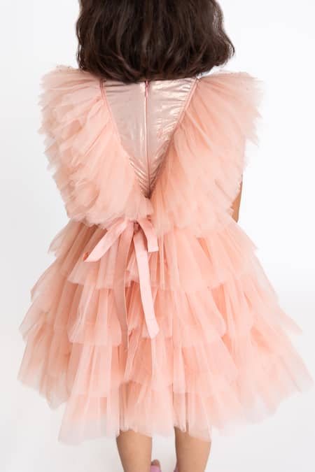 Shop_A Little Fable_Peach Tulle, Cotton, Polyester Sequins Regalia Ruffle Layered Dress _Online_at_Aza_Fashions