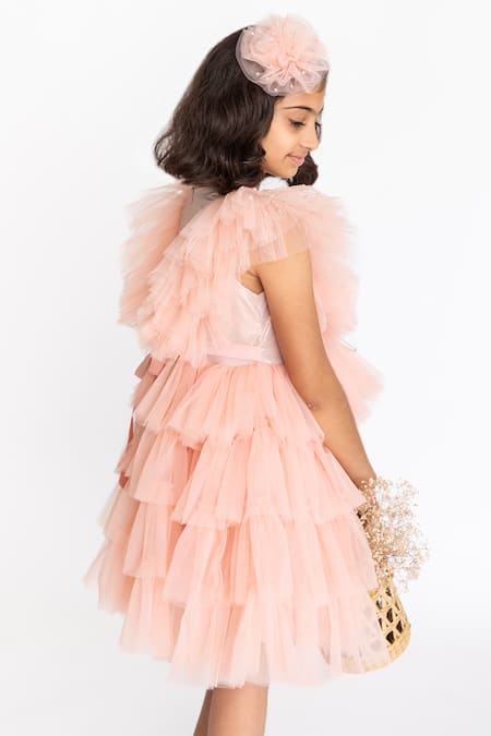 A Little Fable_Peach Tulle, Cotton, Polyester Sequins Regalia Ruffle Layered Dress _at_Aza_Fashions