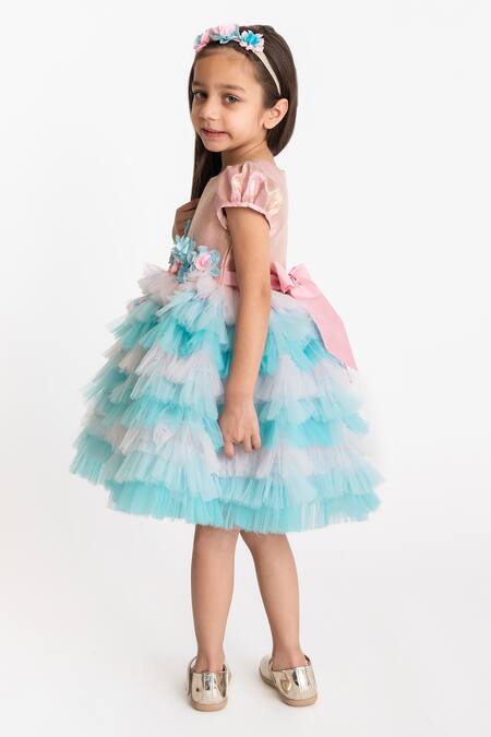 A Little Fable Multi Color Tulle, Lurex, Cotton Fabric Flowers Aster Ruffle Layered Dress Online at Aza Fashions A Little Fable_Multi Color Tulle, Lurex, Cotton Fabric Flowers Aster Ruffle Layered Dress _Online_at_Aza_Fashions
