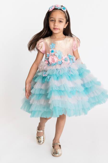 Shop A Little Fable Multi Color Tulle, Lurex, Cotton Fabric Flowers Aster Ruffle Layered Dress Online at Aza Fashions Shop_A Little Fable_Multi Color Tulle, Lurex, Cotton Fabric Flowers Aster Ruffle Layered Dress _Online_at_Aza_Fashions