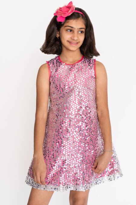 A Little Fable Pink Cotton, Polyester Sequins Disco Station Dress Online at Aza Fashions A Little Fable_Pink Cotton, Polyester Sequins Disco Station Dress _Online_at_Aza_Fashions